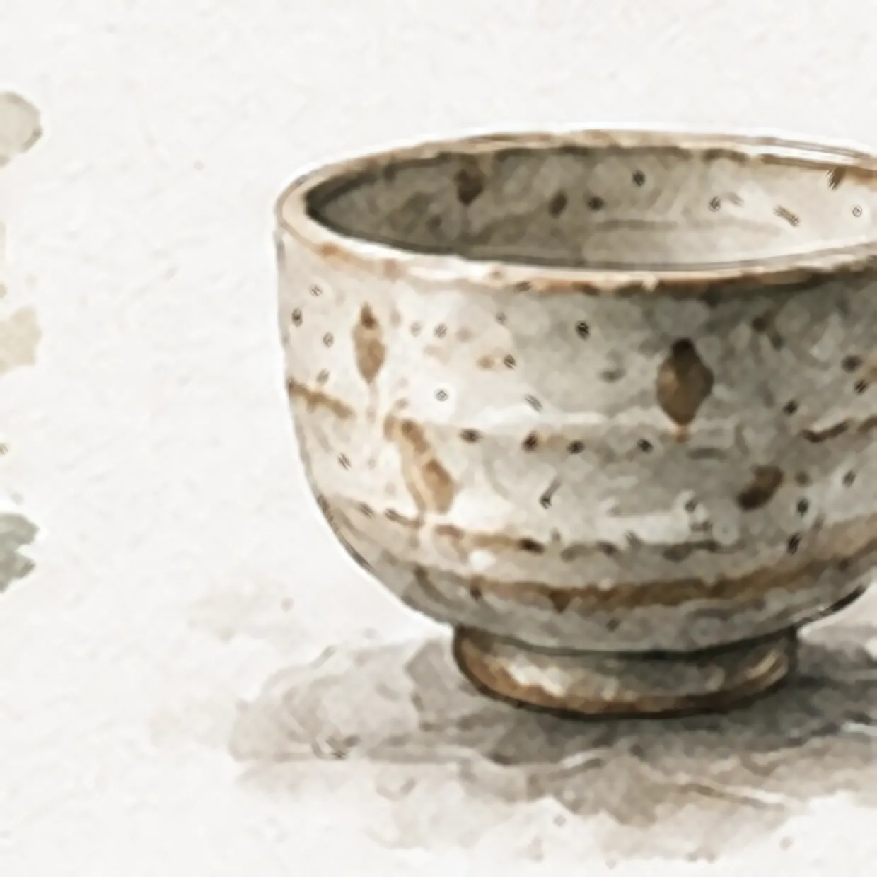 Watercolor of a handmade ceramic tea bowl, warm and worn