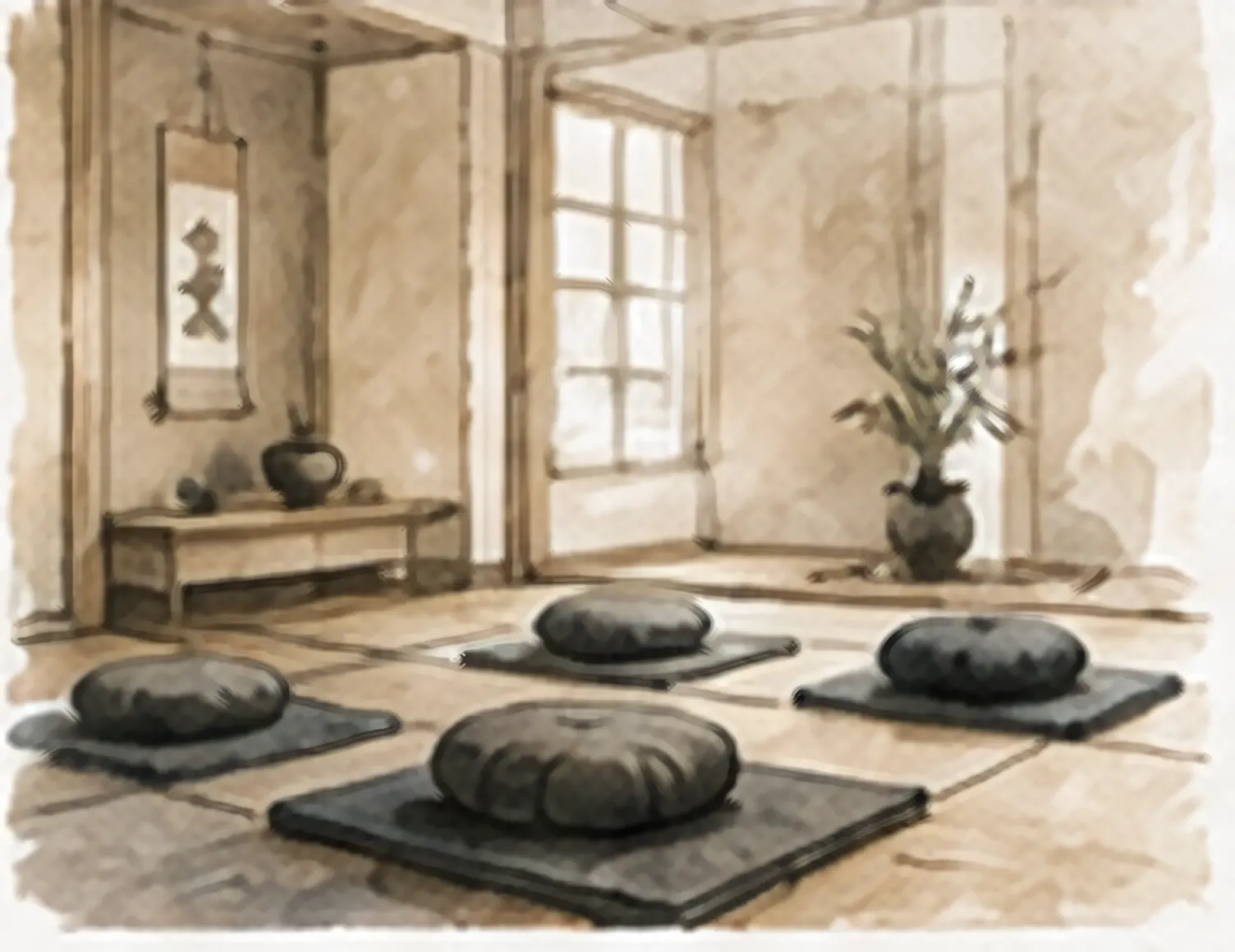 Watercolor of a quiet zendo with round cushions set out on mats