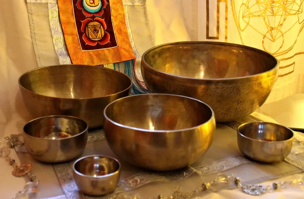 A set of bronze singing bowls resting on cloth